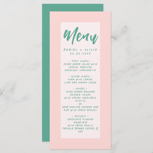Menu Casamento de onda rosa e verde (Frente/Verso)