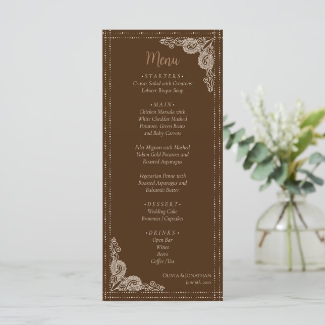 Menu Casamento de ornamentado Marrom Elegante (Em pé/Frente)