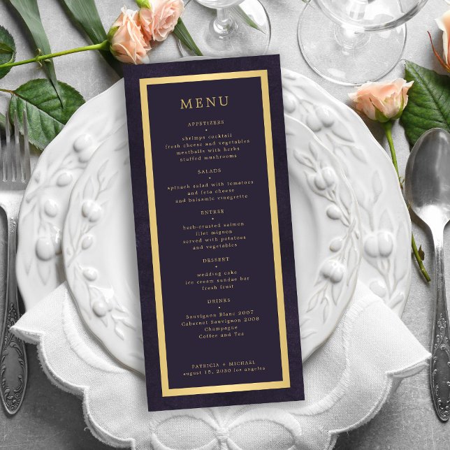 Menu Casamento de ouro elegante, casamento roxo e escur (Criador carregado)