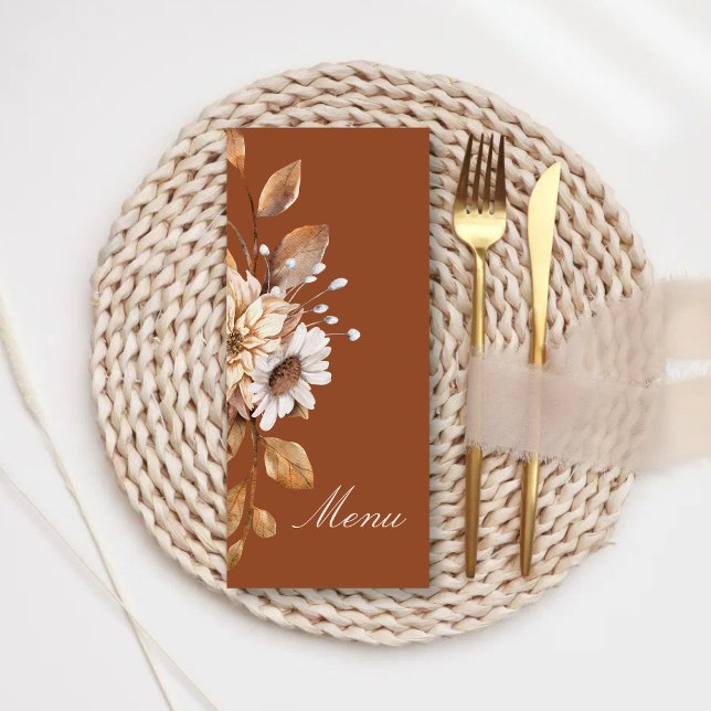 Menu Casamento de Outono Boho Floral Terracota Moderna  (Terracotta floral wedding menus add elegant charm to your fall reception tables.)
