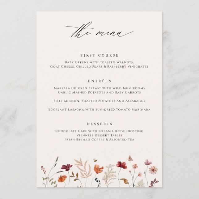 Menu Casamento de Outono com Flores Silvestres Boho (Frente)