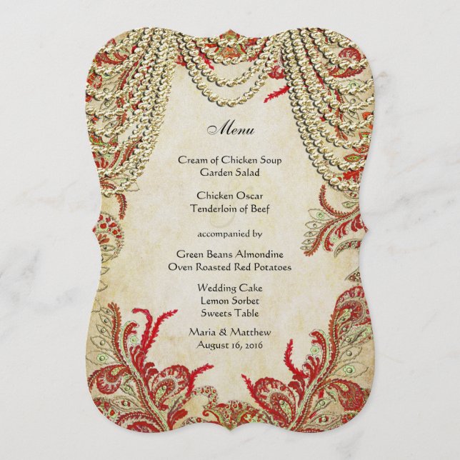 Menu Casamento de Paisley com Pastel Verde Dourado Verm (Frente)