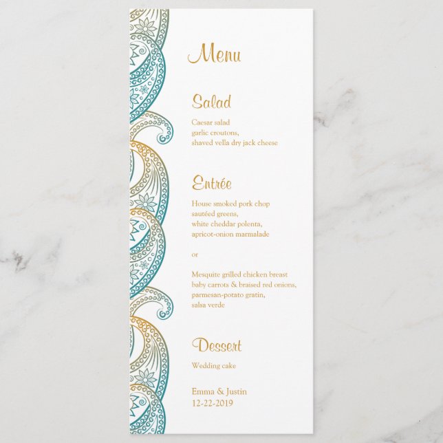 Menu Casamento de Paisley, Dourado e Teal (Frente)