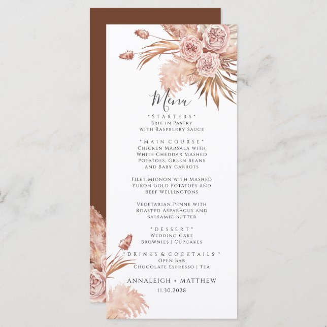 Menu Casamento de Pampas Grass Terracotta Watercolor (Frente/Verso)