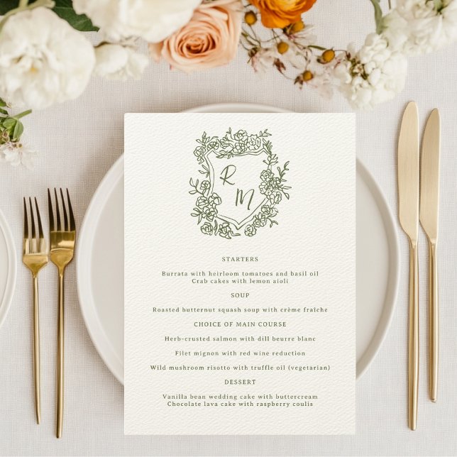 Menu Casamento de Pancada de Monograma Verde Floral Des (Criador carregado)