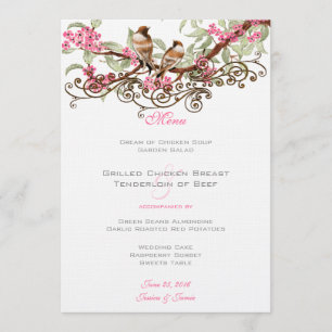 Menu Casamento de Pássaros com Amor e Cinza Rosa e