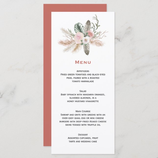 Menu Casamento de Penas Tropicais Boêmicas Pampas (Frente/Verso)