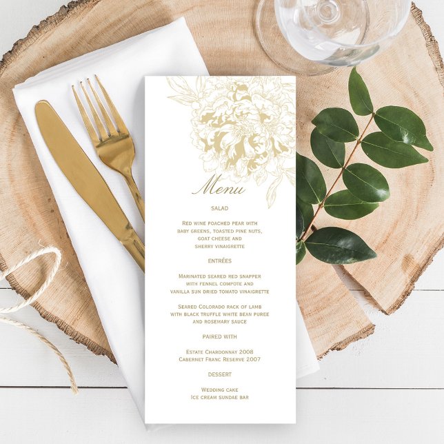 Menu Casamento de Peônia Floral Dourada Elegante (Criador carregado)