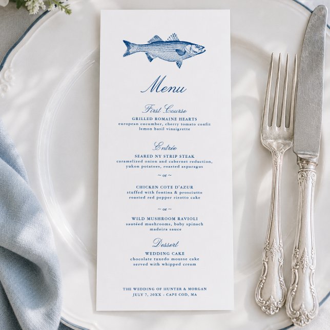 Menu Casamento de Pesca de Robalo Listrado (Striped Bass Fishing Wedding Menu Coastal New England Reception Menu by Concertina Press)