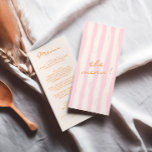 Menu Casamento de Pinstripes Coloridas Pintadas à Mão<br><div class="desc">Um menu escrito cor-de-rosa e cor-de-rosa e laranja e creme retro-funky moderno. E as pintas verdes desenhadas à mão atrás. Perfeito e compatível com a suíte inteira. menu janto de casamento. Que apresenta modelo de chic do fundo vintage creme e tipografia laranja.</div>