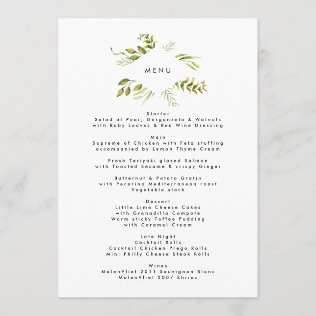 Menu Casamento de plantas de folha verde fresca (Frente)