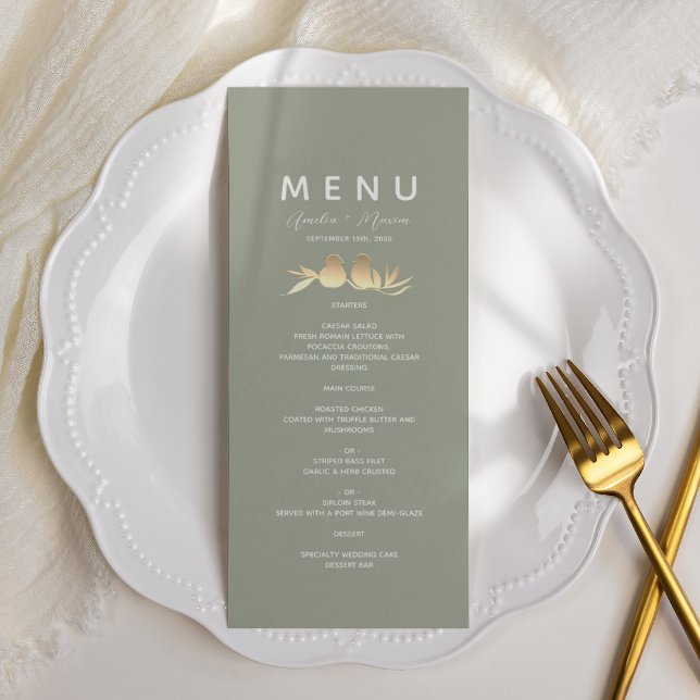 Menu Casamento de Pombinhos de Ouro em Verde Salvia (Criador carregado)