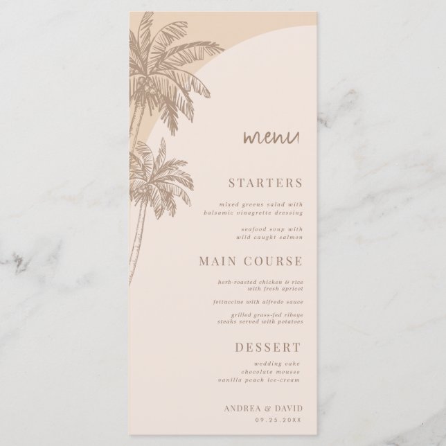 Menu Casamento de praia Beige Palm Tree Boho (Frente)