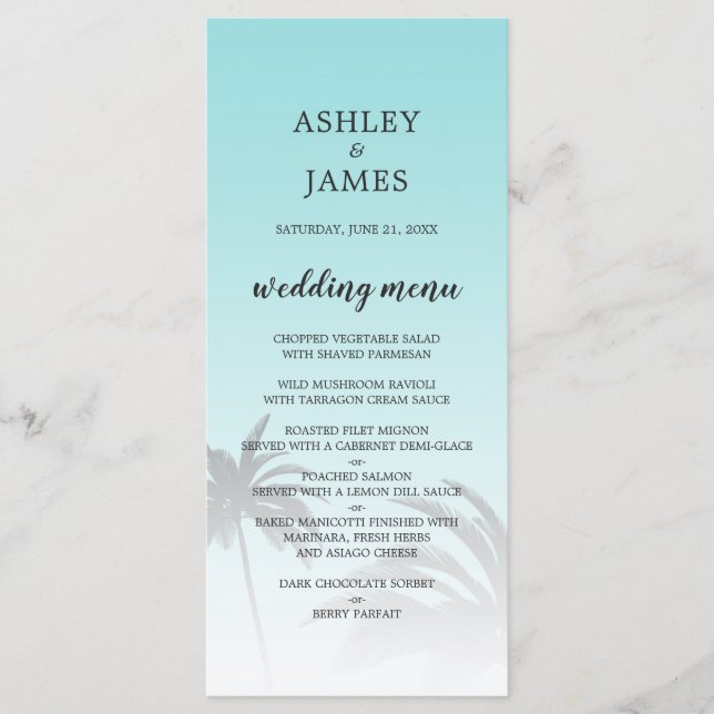 Menu Casamento de Praia de Palma Tropical Azul (Frente)