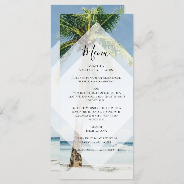 Menu Casamento de Praia de Palmeiras Tropicais (Frente/Verso)