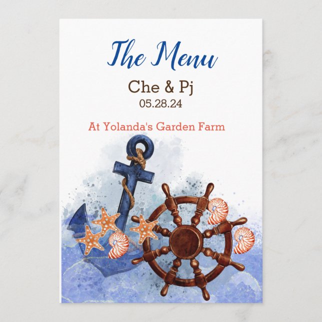 Menu Casamento de Praia Náutica Personalizado (Frente)