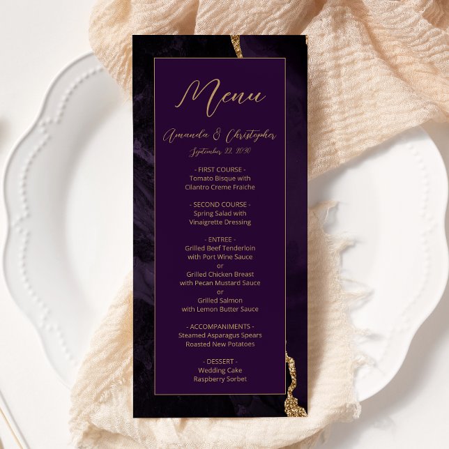 Menu Casamento de Prata Dourada Roxo Moderno (Criador carregado)