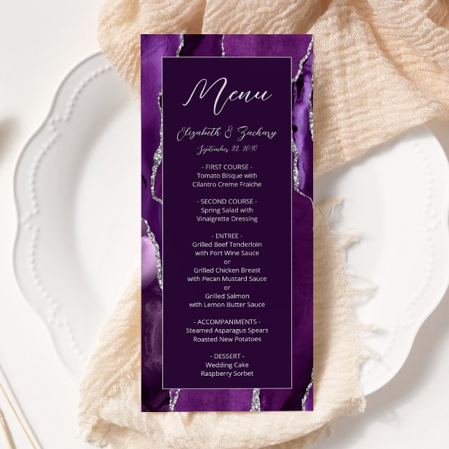 Menu Casamento de Prata Prateada Roxo Moderna (Criador carregado)