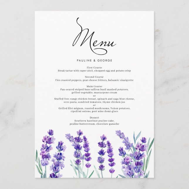 Menu Casamento de primavera das flores das Lavandas de  (Frente)