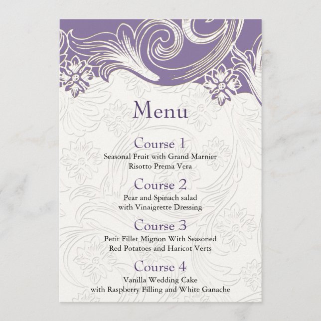 Menu Casamento de primavera Floral Púrpura e Branca (Frente)