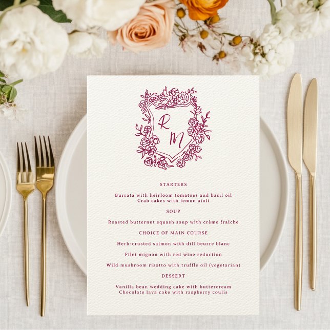 Menu Casamento de Púrpura Floral Floral Monograma de Mã (Criador carregado)
