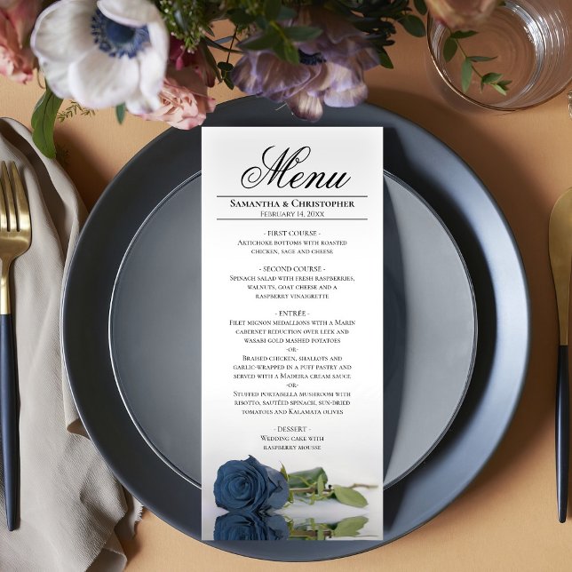 Menu Casamento de Reflexões de Rosa de Azul de Aço Eleg (In Situ on Plate)