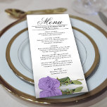 Menu Casamento de Reflexões de Rosa Lavanda Roxo da  El<br><div class="desc">Este belo menu irá adicionar algum estilo à sua recepção de casamento. Apresenta um belo e romântico design com uma luz solteiro roxa ou rosa de cor lavanda ao seu lado refletindo numa piscina de água com ondas e ondulações. Há espaço para os nomes do casal e da data do...</div>