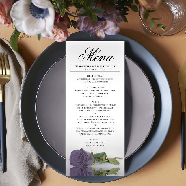 Menu Casamento de Reflexões de Rosa Roxo Elegante (In Situ on Plate)