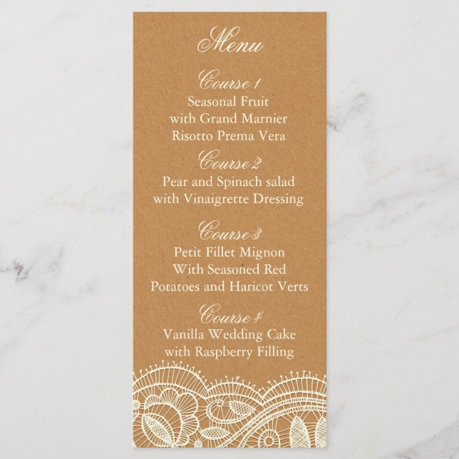 Menu Casamento de rendas e papel Kraft (Frente)