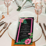 Menu Casamento de Retros Tropicais Neon Pink<br><div class="desc">Uma moderna, mas retrorada, botânica tropical rosa-néon em fundo negro. Um belo design de casamento ideal para o verão. Design de plantas tropicais, cor-de-rosa, néon perfeito, com palmeiras, flores de Hibiscus cor-de-rosa e flores de Plumerias Frangipanis. As cores pretas, cor-de-rosa e verde dominam este design de neon rosa tropical. A...</div>