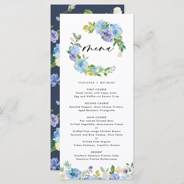 Menu Casamento de Rosa azul e Hydrangea Floral Wreath (Frente/Verso)