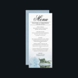 Menu Casamento de Rosa azul espelhado elegante e empoei<br><div class="desc">Este belo menu irá adicionar algum estilo à sua recepção de casamento. Ele apresenta uma design bela e romântica com um rosa azul empoeirado, solteiro, empoeirado, deitado de lado, refletindo em uma piscina de água com ondas e ondulações. Há espaço para os nomes do casal e da data do casamento,...</div>