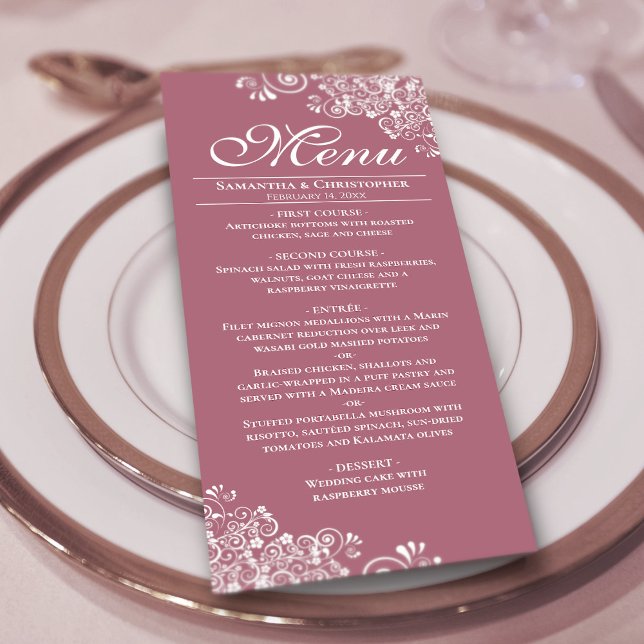 Menu Casamento de Rosa de Elegante e Cantos Brancos Ami (On Plate)