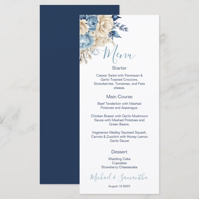Menu Casamento de Rosa de marfim e azul legante (Frente/Verso)