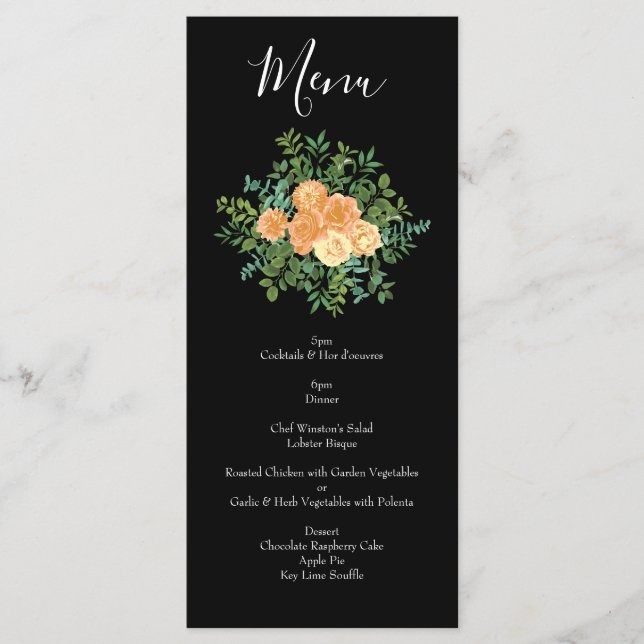 Menu Casamento de Rosa de Pêssego e Preto Elegante (Frente)