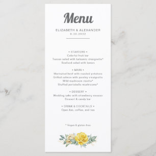 Menu Casamento de rosas amarelas românticas elegantes