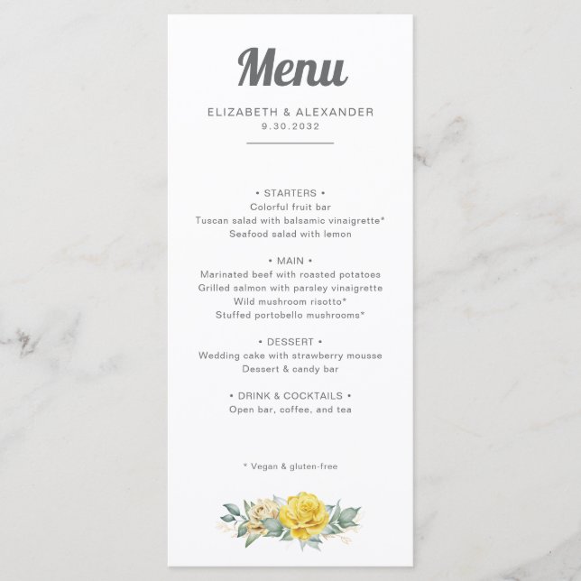 Menu Casamento de rosas amarelas românticas elegantes (Frente)