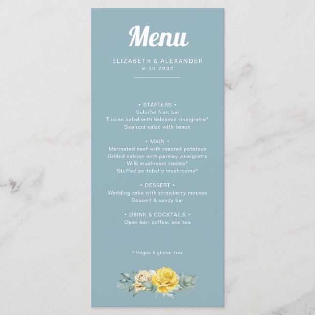Menu Casamento de rosas amarelas românticas elegantes (Frente)