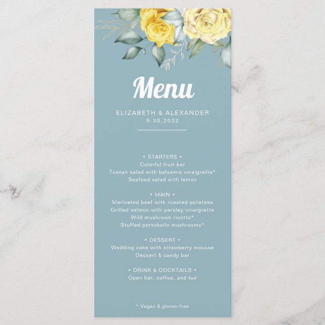 Menu Casamento de rosas amarelas românticas elegantes (Frente)