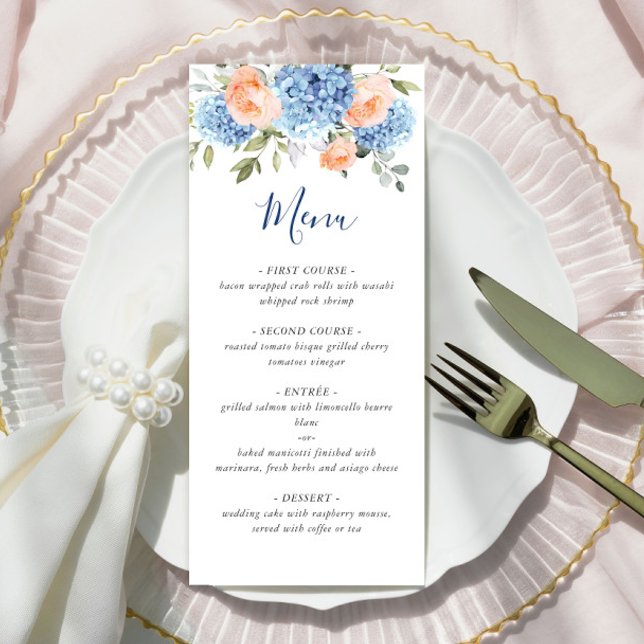 Menu Casamento de Rosas Blush de Hydrangea Azul Elegant (Criador carregado)