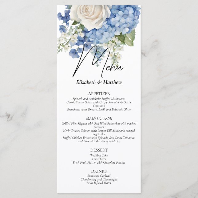 Menu Casamento de Rosas Brancas de Hydrangea Blue Water (Frente)