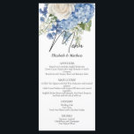 Menu Casamento de Rosas Brancas de Hydrangea Blue Water<br><div class="desc">Design de casamento floral elegante com arranjos florais pintados a aquarelas de flores azuis de hydrangea, verde e rosas brancas.</div>