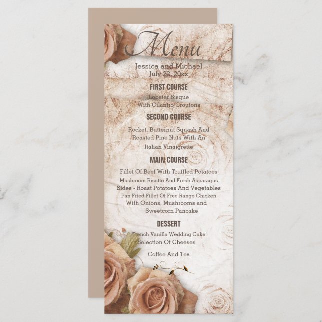 Menu Casamento de Rosas de cor suave (Frente/Verso)