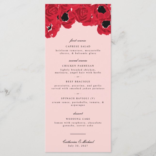 Menu Casamento de Rosas e Papoulas Abstratas (Frente)