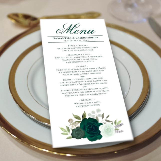 Menu Casamento de Rosas Emerald Green Watercolor (In Situ on Plate)
