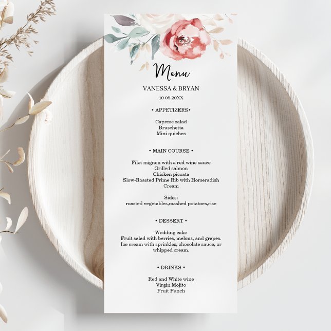 Menu Casamento de Rosas Marfim Vermelho Elegante (Criador carregado)