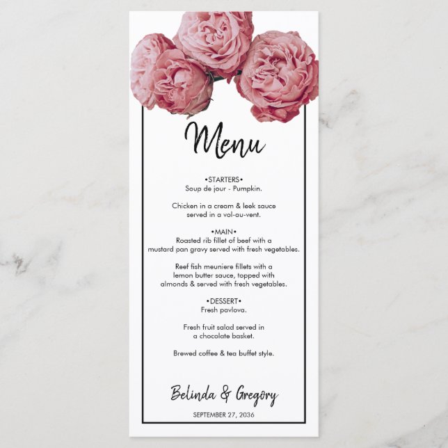 Menu Casamento de Rosas Rosa Elegante (Frente)