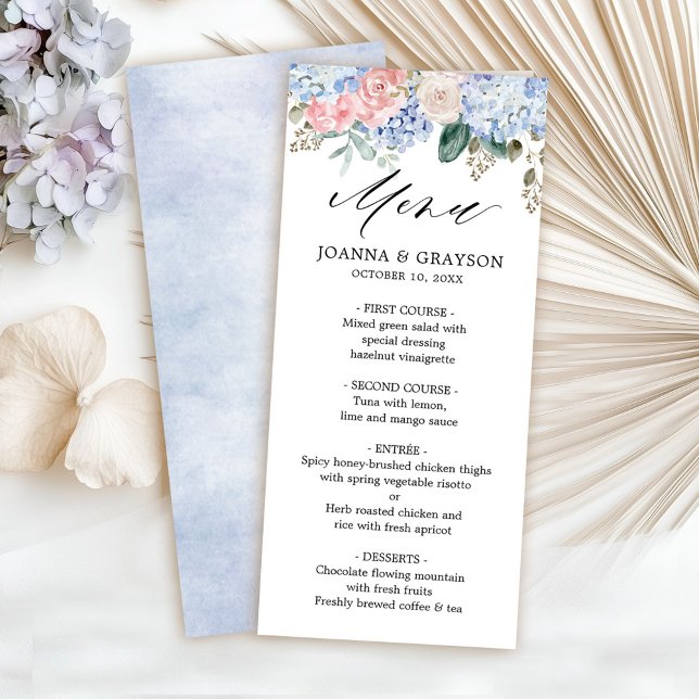 Menu Casamento de rosas rosa-rosa pastoreadas com hidra (Dusty blue hydrangeas pastel pink roses wedding menu)