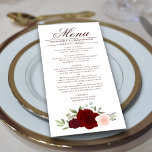 Menu Casamento de Rosas Rosa Vermelhas e Cinzentas Eleg<br><div class="desc">Este belo menu irá adicionar algum estilo à sua recepção de casamento. Apresenta um belo design floral gráfico de bolho com um aglomerado de rosas de aquarelas pintadas manualmente em tons de burgundy, vermelho e rosa-pincel, juntamente com ranhuras de folhas de eucalipto e verde-jardim. Há espaço para os nomes do...</div>