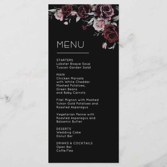 Menu Casamento de Rosas Sombrias e Temperamentais (Frente)